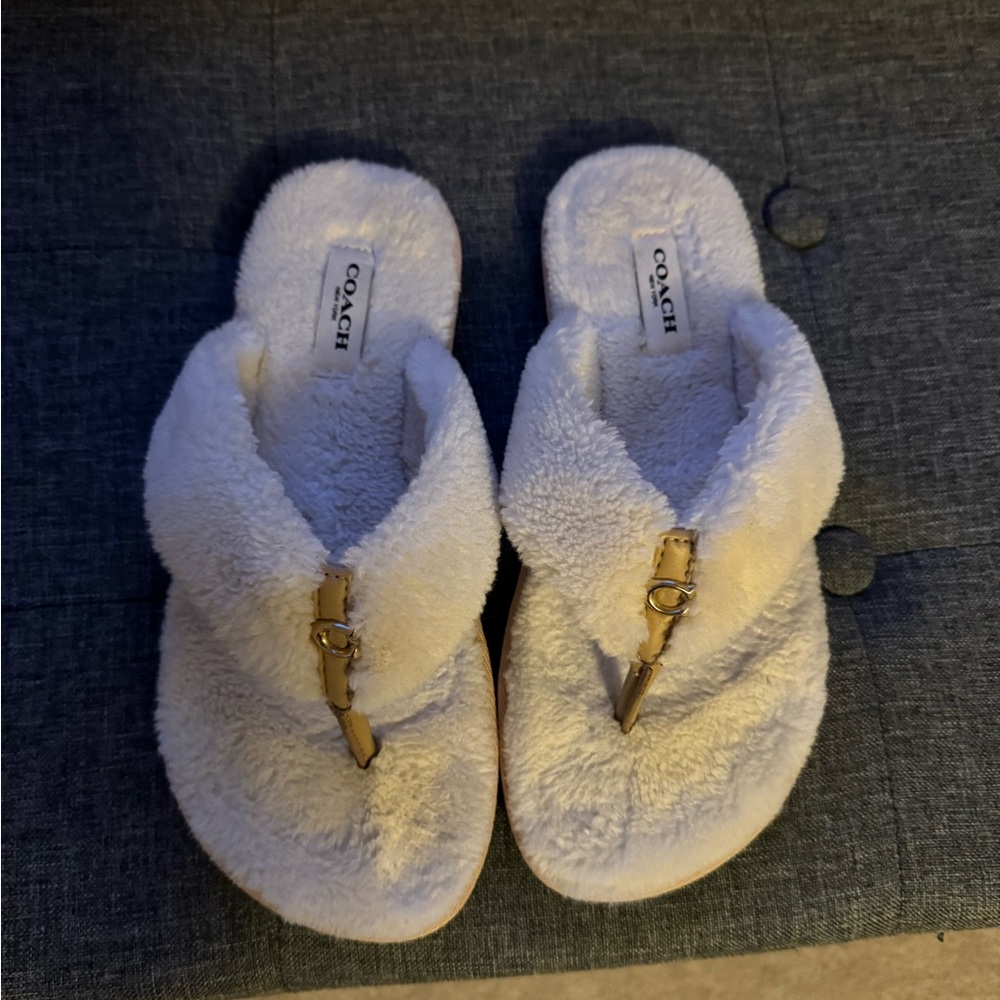 Coach Cream Fuzzy Slippers